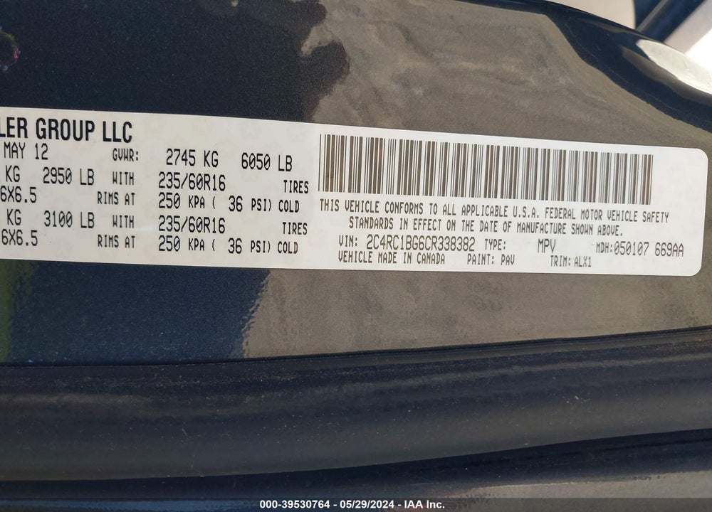 2012 CHRYSLER TOWN & COUNTRY TOURING VIN: 2C4RC1BG6CR338382