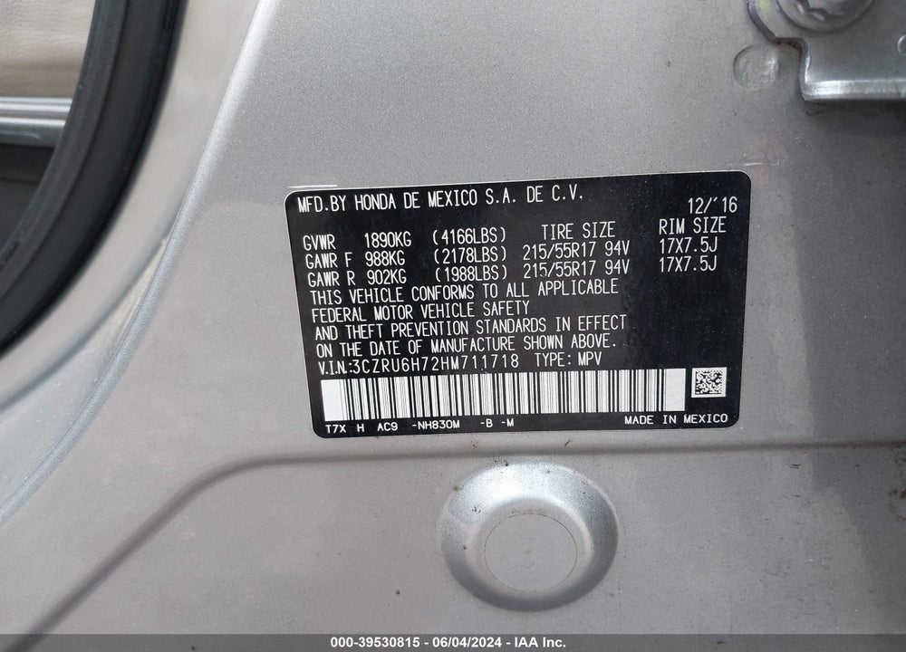 2017 HONDA HR-V EX-L VIN: 3CZRU6H72HM711718