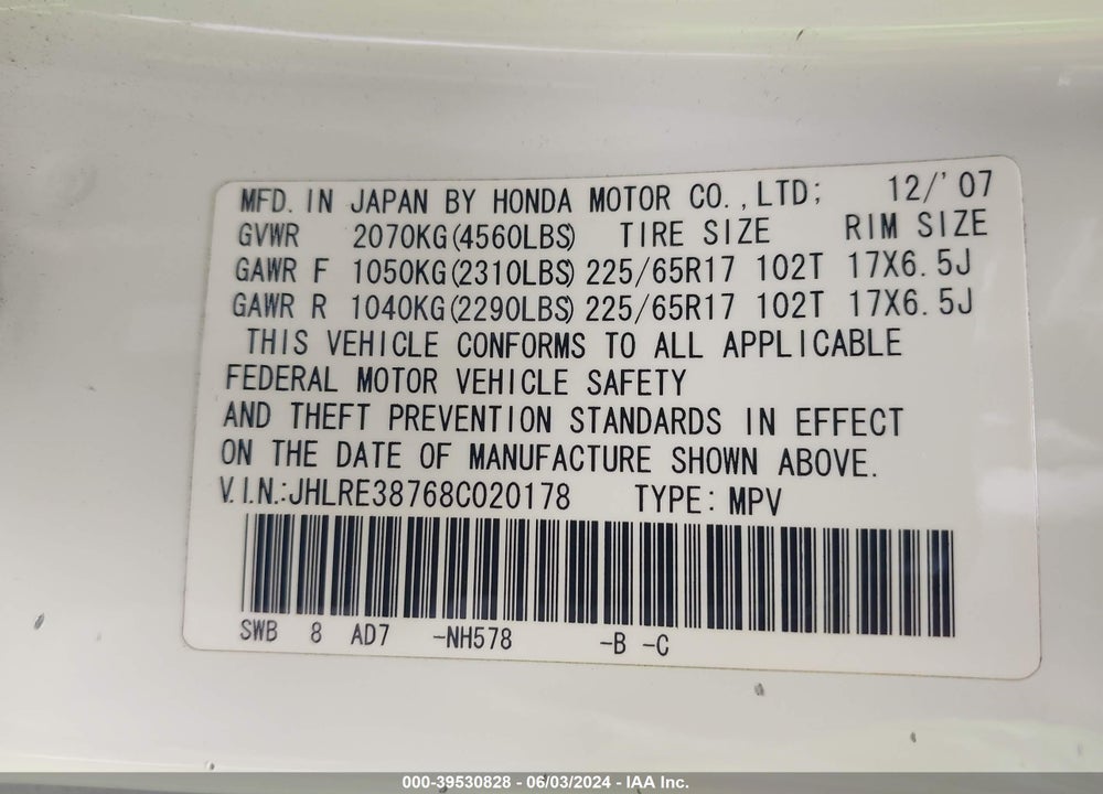 2008 HONDA CR-V EX-L VIN: JHLRE38768C020178