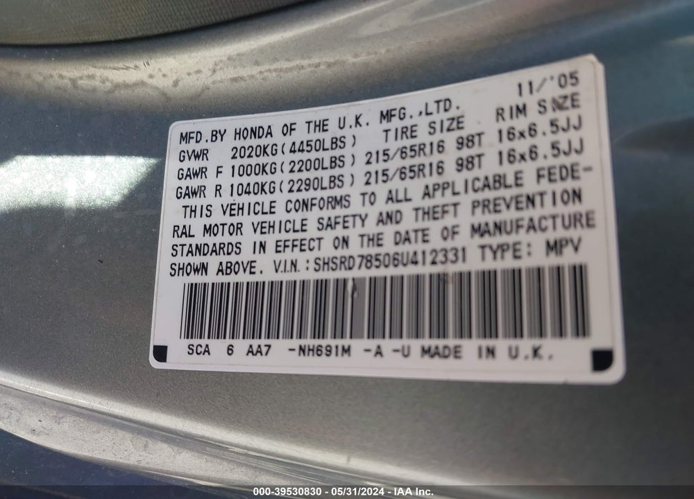 2006 HONDA CR-V LX VIN: SHSRD78506U412331