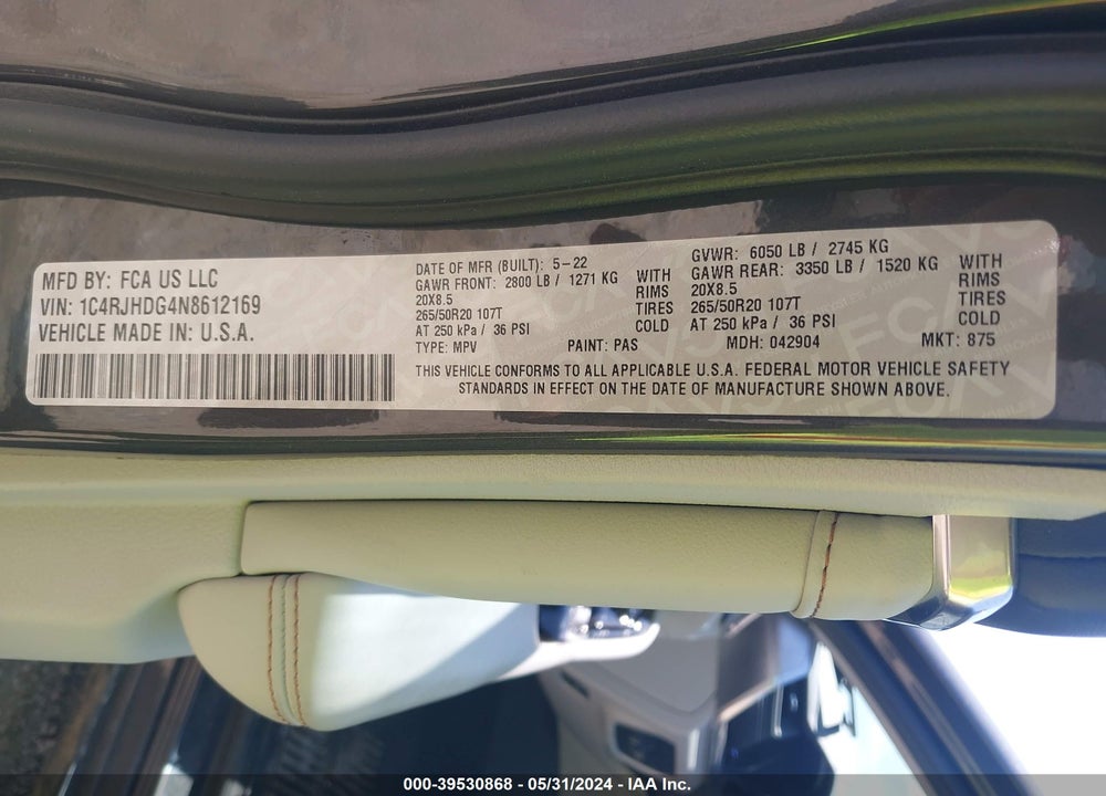 2022 JEEP GRAND CHEROKEE OVERLAND 4X4 VIN: 1C4RJHDG4N8612169