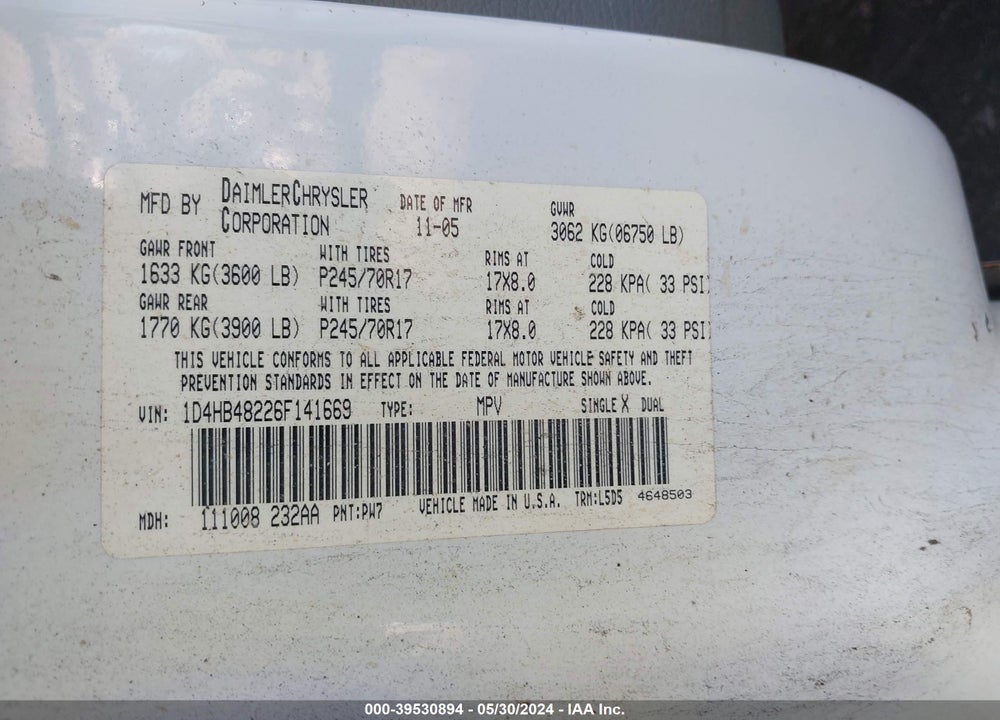 2006 DODGE DURANGO SLT VIN: 1D4HB48226F141669