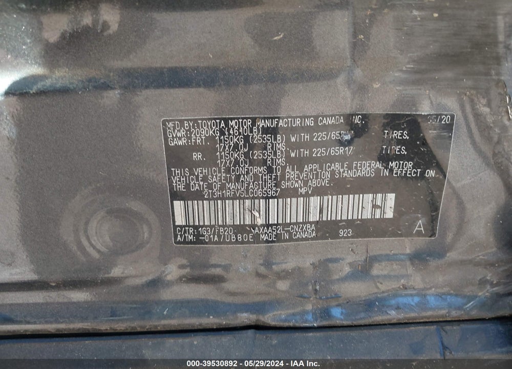 2020 TOYOTA RAV4 LE VIN: 2T3H1RFV5LC065967