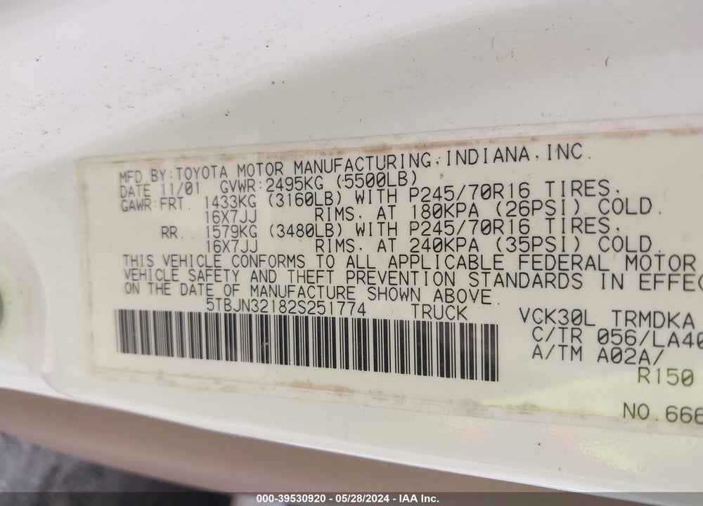 2002 TOYOTA TUNDRA VIN: 5TBJN32182S251774