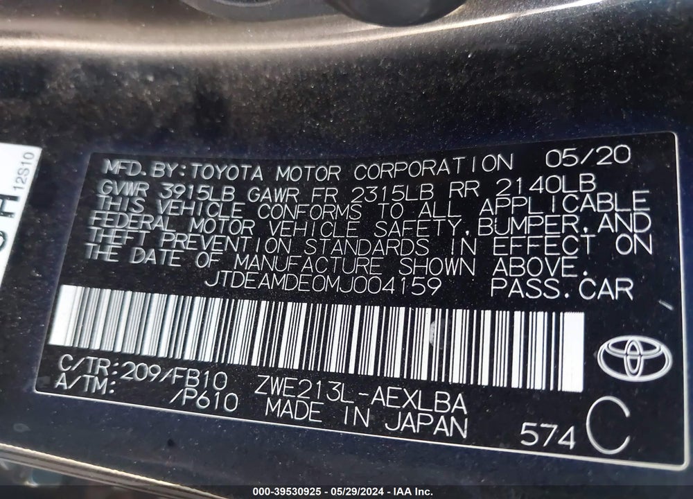 2021 TOYOTA COROLLA HYBRID LE VIN: JTDEAMDE0MJ004159