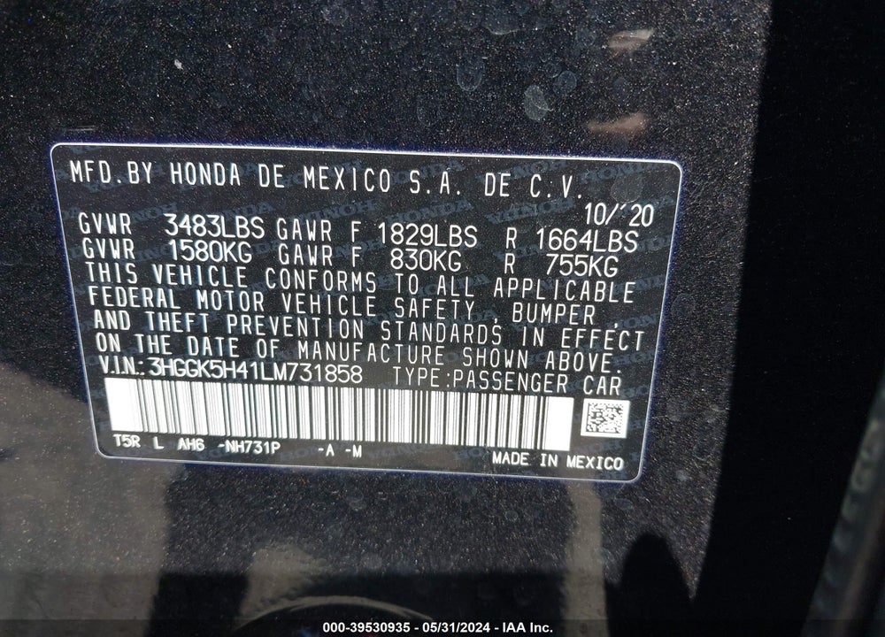 2020 HONDA FIT LX VIN: 3HGGK5H41LM731858