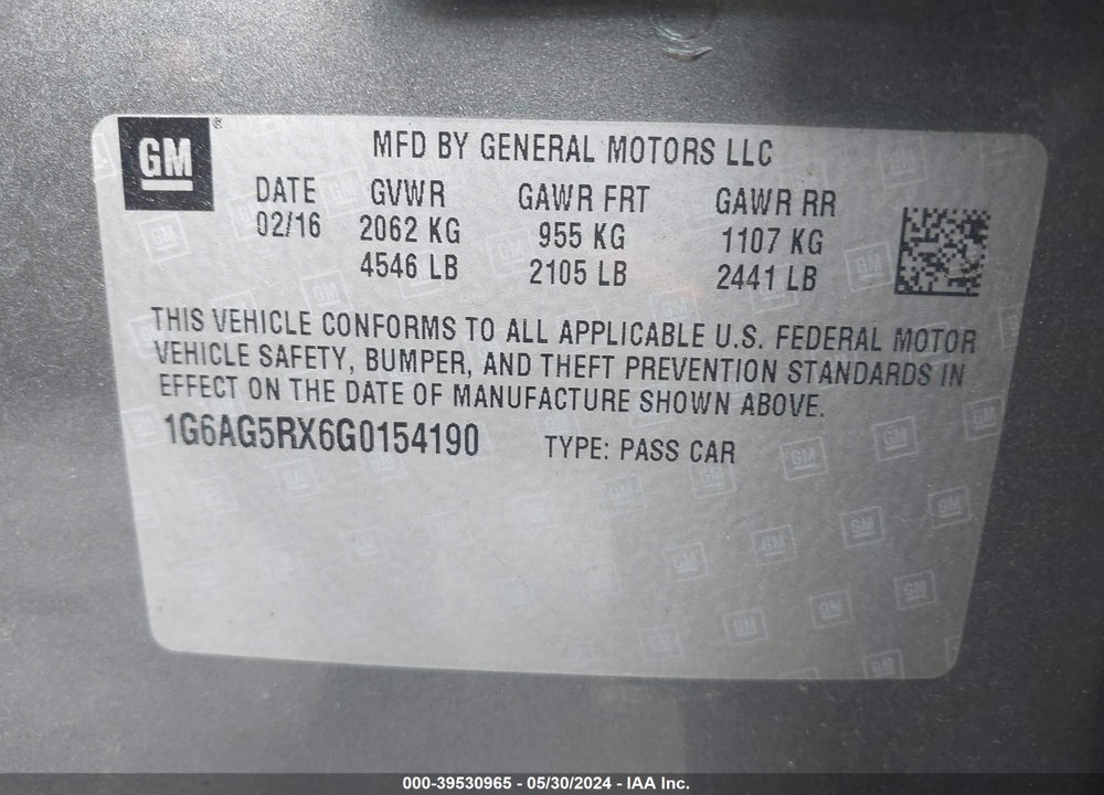 2016 CADILLAC ATS VIN: 1G6AG5RX6G0154190
