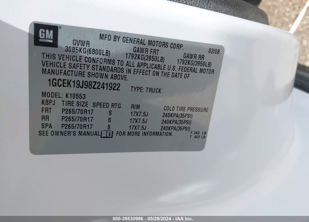 2008 CHEVROLET SILVERADO 1500 LT1 VIN: 1GCEK19J98Z241922