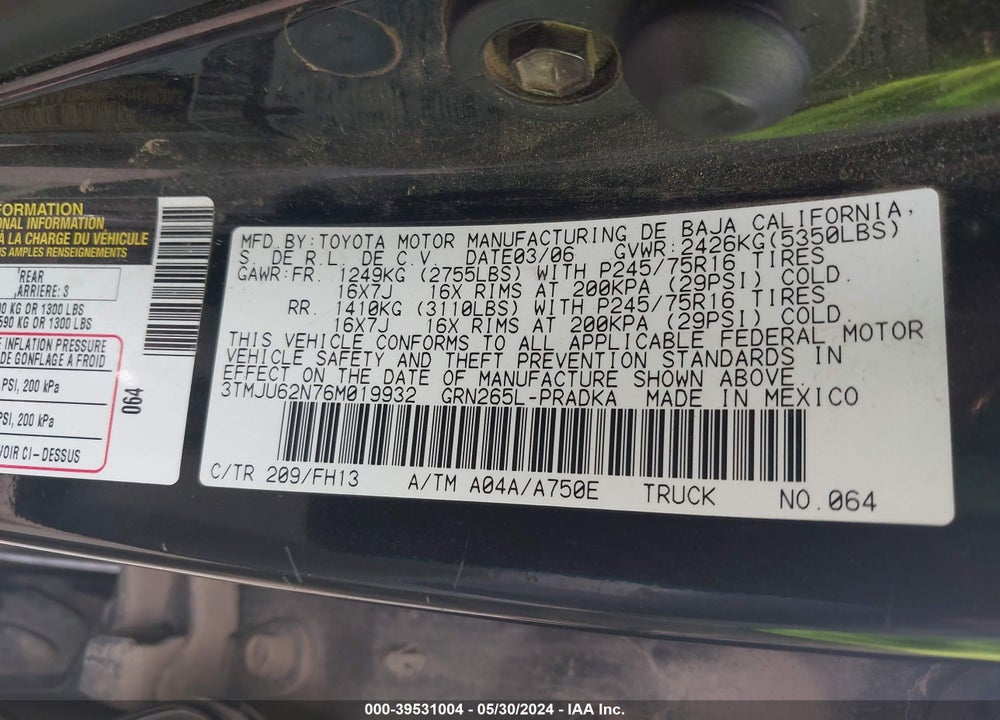 2006 TOYOTA TACOMA VIN: 3TMJU62N76M019932