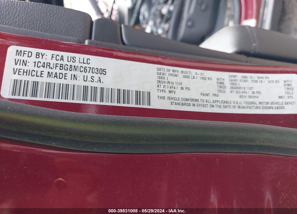 2021 JEEP GRAND CHEROKEE LIMITED 4X4 VIN: 1C4RJFBG8MC670305