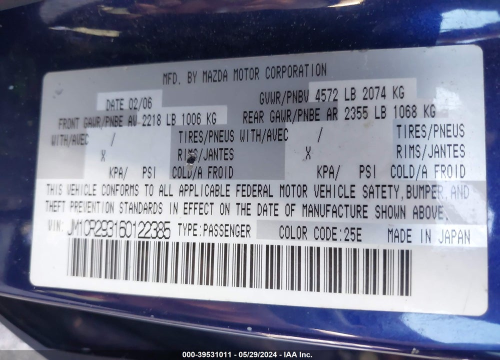 2006 MAZDA 5 SPORT VIN: JM1CR293160122385