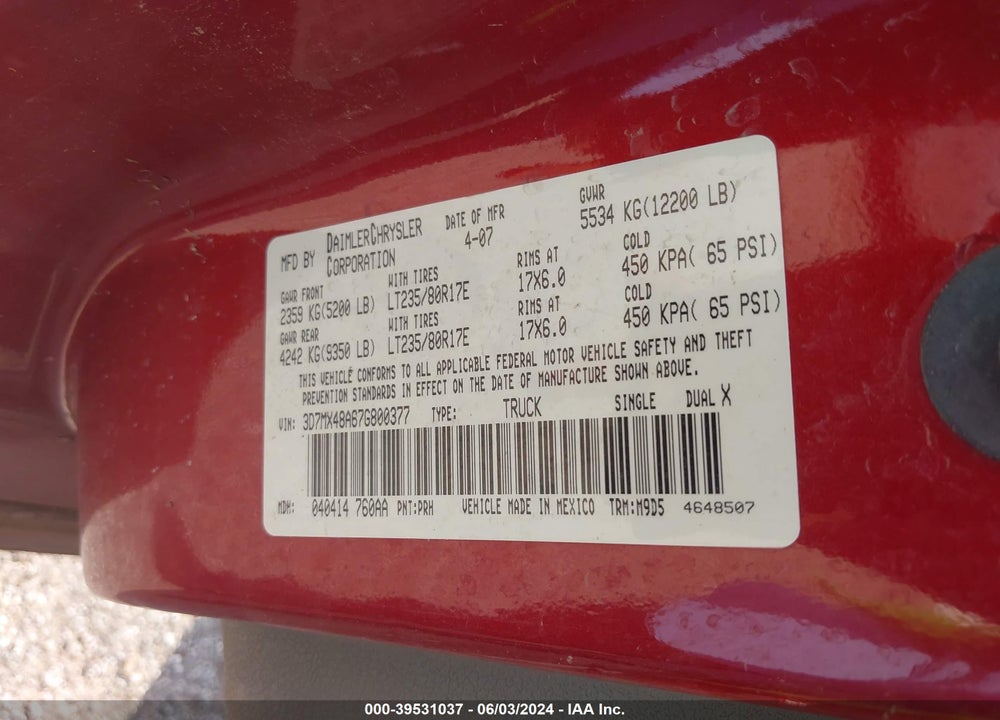 2007 DODGE RAM 3500 SLT/SPORT VIN: 3D7MX48A67G800377