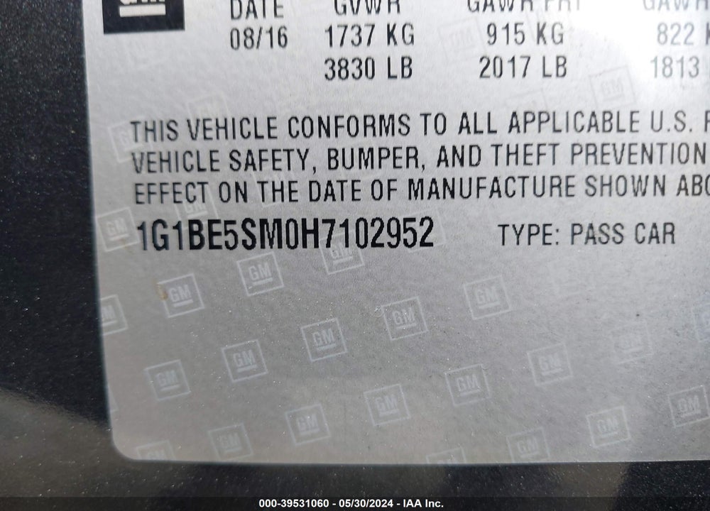 2017 CHEVROLET CRUZE LT AUTO VIN: 1G1BE5SM0H7102952