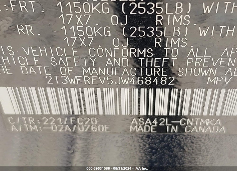 2018 TOYOTA RAV4 XLE VIN: 2T3WFREV5JW468482