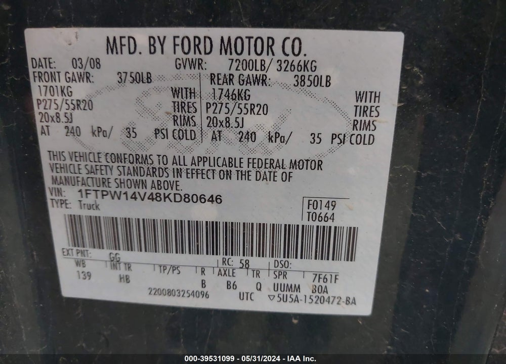 2008 FORD F-150 60TH ANNIVERSARY/FX4/KING RANCH/LARIAT/XLT VIN: 1FTPW14V48KD80646