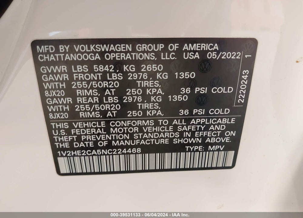 2022 VOLKSWAGEN ATLAS CROSS SPORT 3.6L V6 SE W/TECHNOLOGY VIN: 1V2HE2CA5NC224468