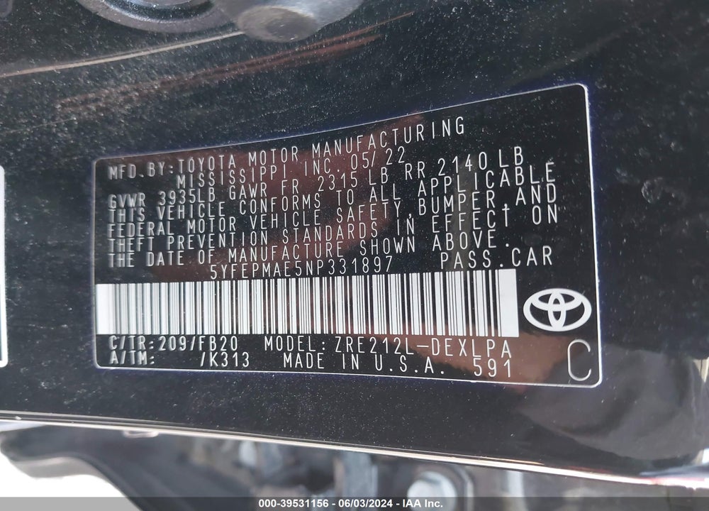 2022 TOYOTA COROLLA LE VIN: 5YFEPMAE5NP331897