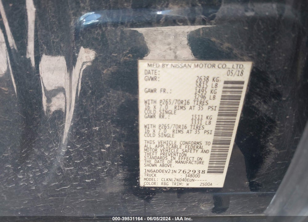 2018 NISSAN FRONTIER SV VIN: 1N6AD0EV2JN762938