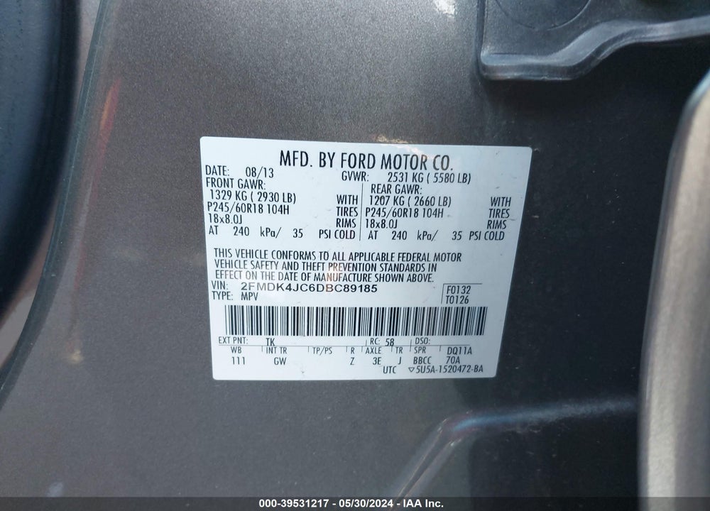 2013 FORD EDGE SEL VIN: 2FMDK4JC6DBC89185