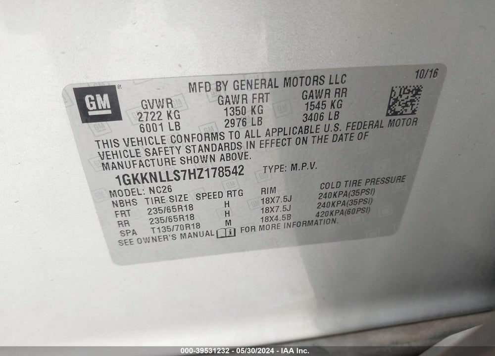 2017 GMC ACADIA SLE-2 VIN: 1GKKNLLS7HZ178542