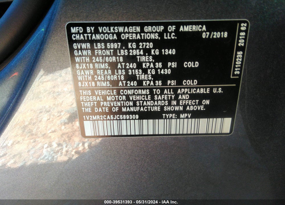 2018 VOLKSWAGEN ATLAS 3.6L V6 SEL VIN: 1V2MR2CA5JC589309