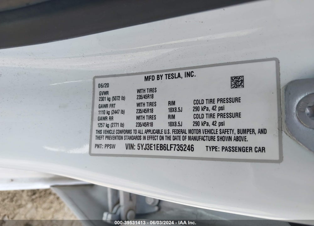 2020 TESLA MODEL 3 LONG RANGE DUAL MOTOR ALL-WHEEL DRIVE VIN: 5YJ3E1EB6LF735246