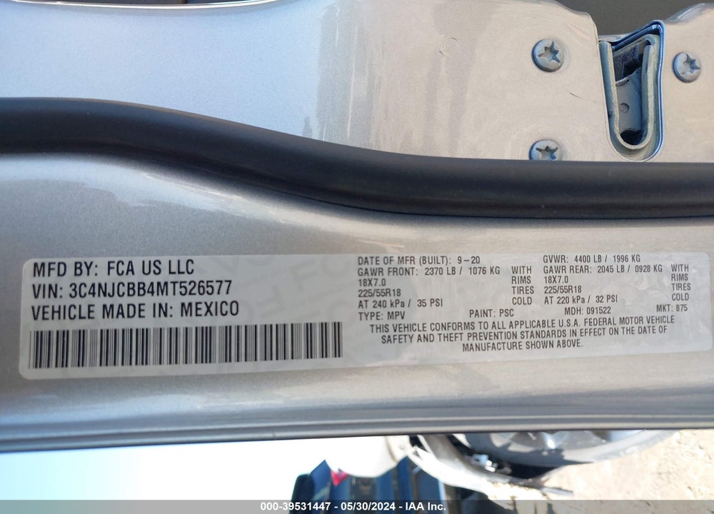 2021 JEEP COMPASS ALTITUDE FWD VIN: 3C4NJCBB4MT526577