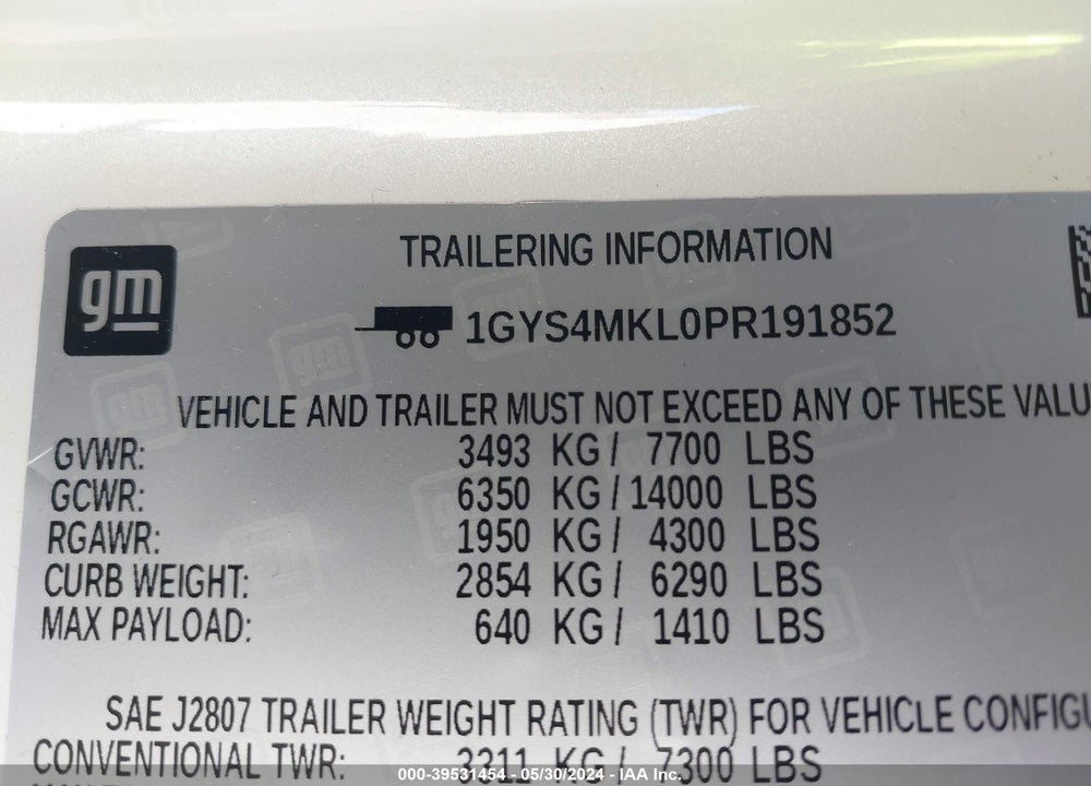 2023 CADILLAC ESCALADE ESV VIN: 1GYS4MKL0PR191852
