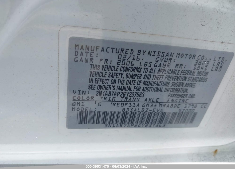 2016 NISSAN SENTRA VIN: 3N1AB7AP2GY237563