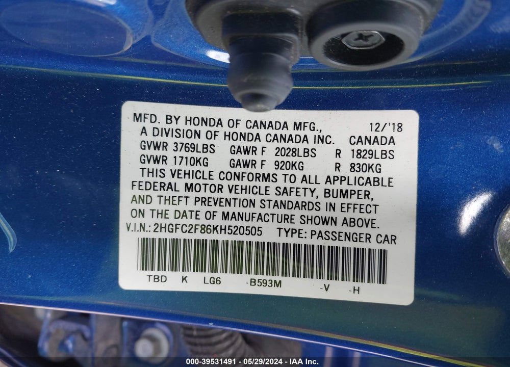 2019 HONDA CIVIC SPORT VIN: 2HGFC2F86KH520505