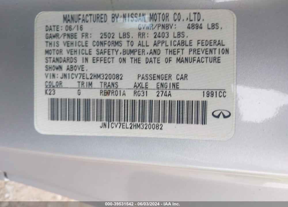 2017 INFINITI Q60 2.0T VIN: JN1CV7EL2HM320082