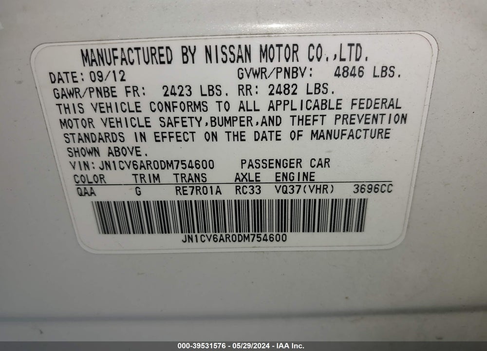 2013 INFINITI G37X VIN: JN1CV6AR0DM754600