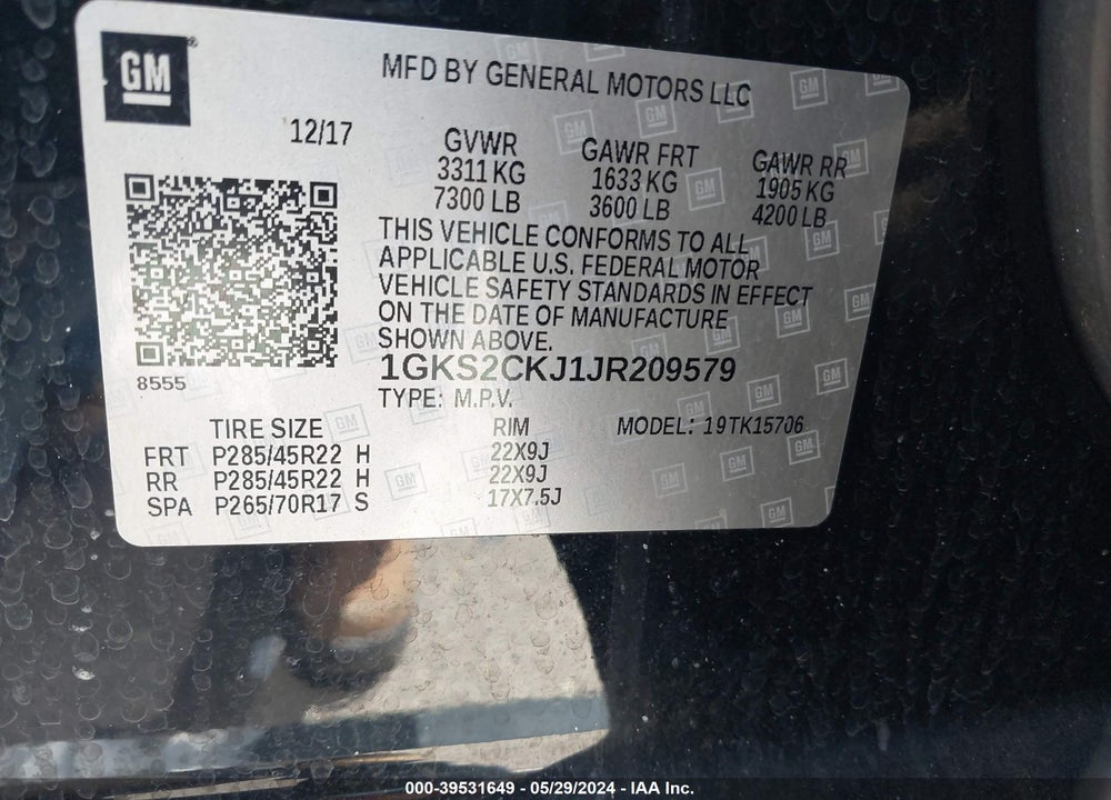 2018 GMC YUKON DENALI VIN: 1GKS2CKJ1JR209579