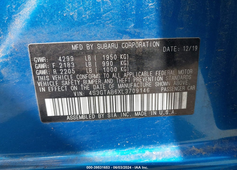 2020 SUBARU IMPREZA 5-DOOR VIN: 4S3GTAB6XL3709146