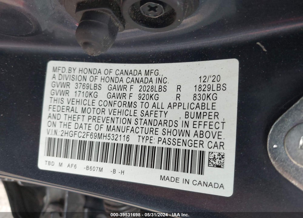 2021 HONDA CIVIC LX VIN: 2HGFC2F69MH532116