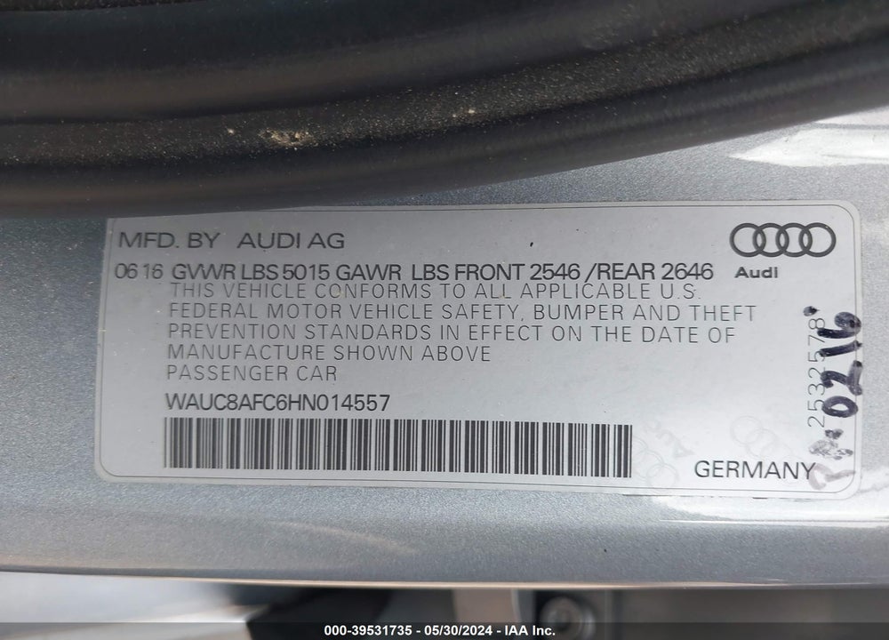 2017 AUDI A6 2.0T PREMIUM VIN: WAUC8AFC6HN014557