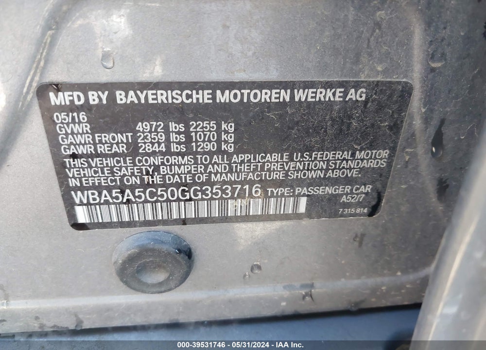 2016 BMW 528I VIN: WBA5A5C50GG353716