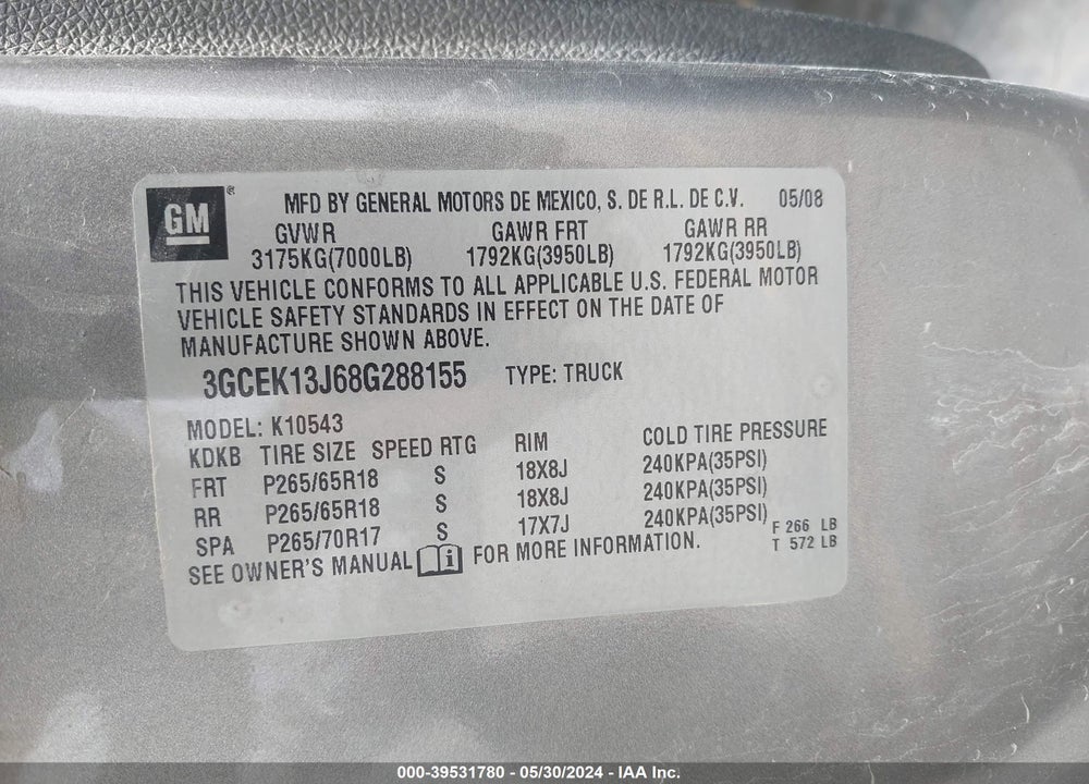 2008 CHEVROLET SILVERADO 1500 LT1 VIN: 3GCEK13J68G288155