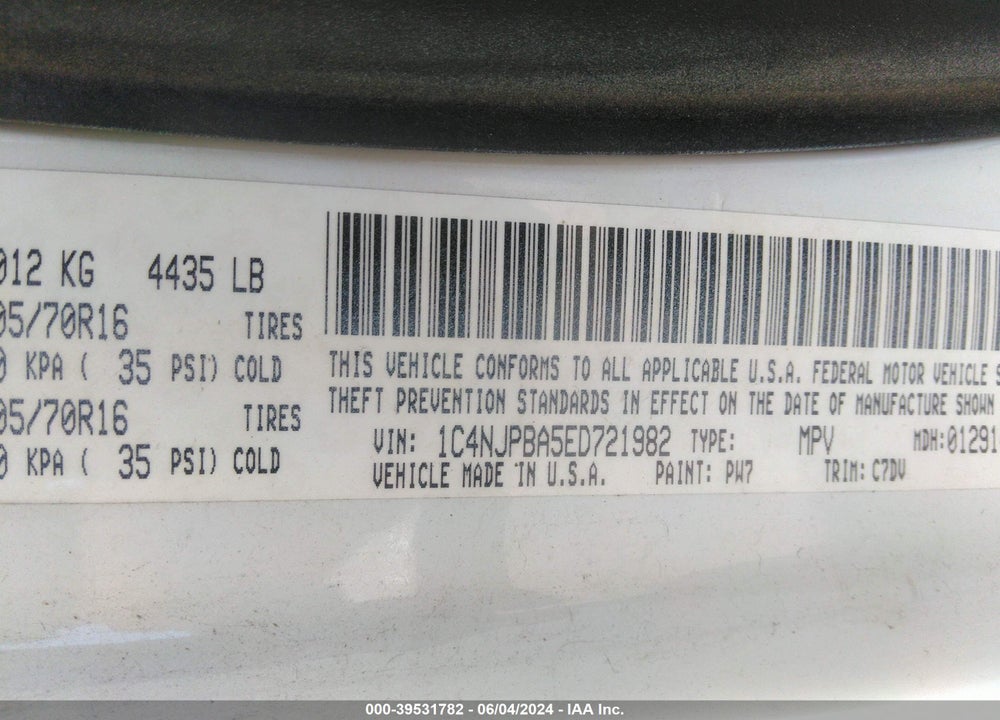 2014 JEEP PATRIOT SPORT VIN: 1C4NJPBA5ED721982