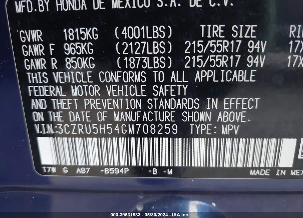 2016 HONDA HR-V EX VIN: 3CZRU5H54GM708259