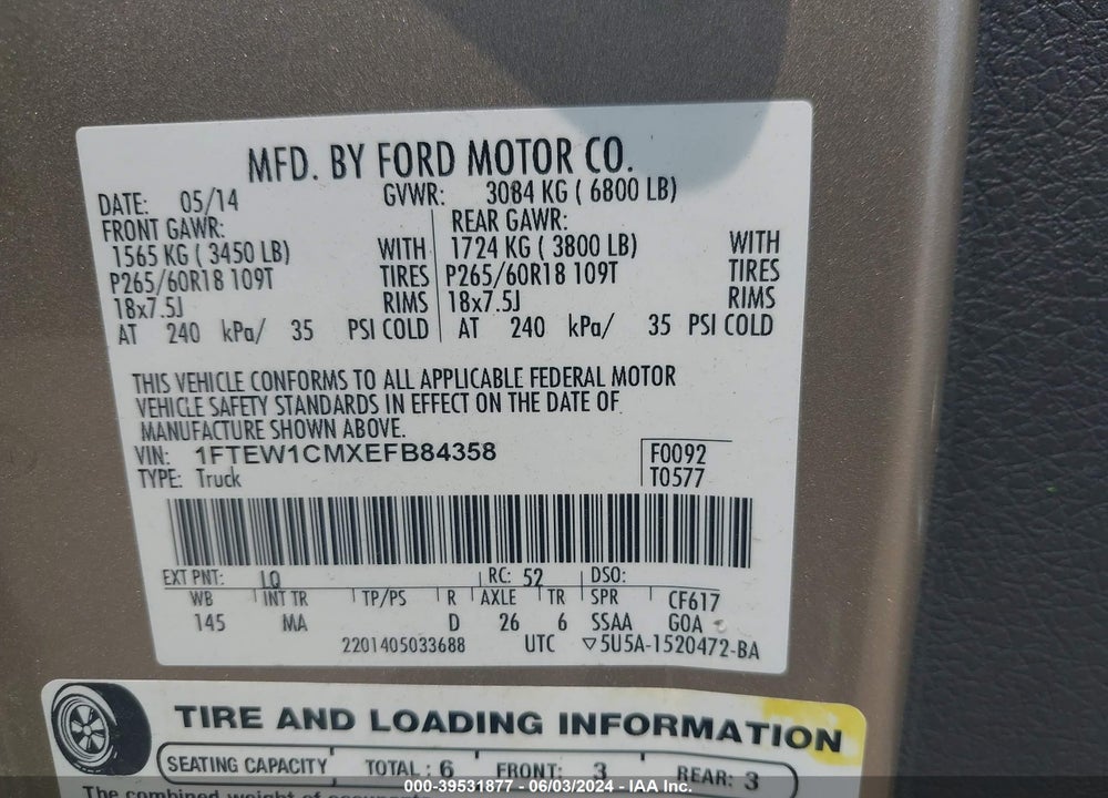 2014 FORD F-150 XLT VIN: 1FTEW1CMXEFB84358