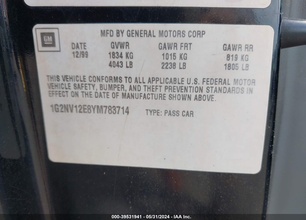 2000 PONTIAC GRAND AM GT1 VIN: 1G2NV12E8YM783714