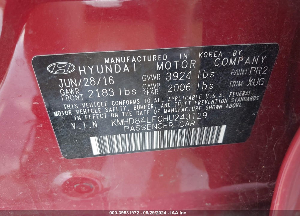 2017 HYUNDAI ELANTRA VALUE EDITION VIN: KMHD84LF0HU243129