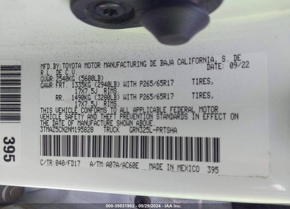 2022 TOYOTA TACOMA TRD SPORT VIN: 3TMAZ5CN2NM195828