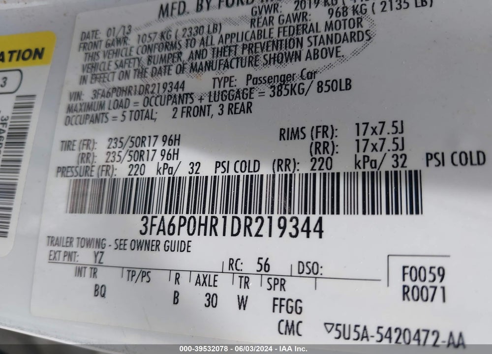 2013 FORD FUSION SE VIN: 3FA6P0HR1DR219344