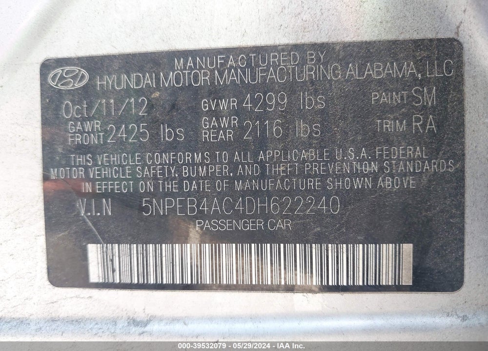2013 HYUNDAI SONATA GLS VIN: 5NPEB4AC4DH622240