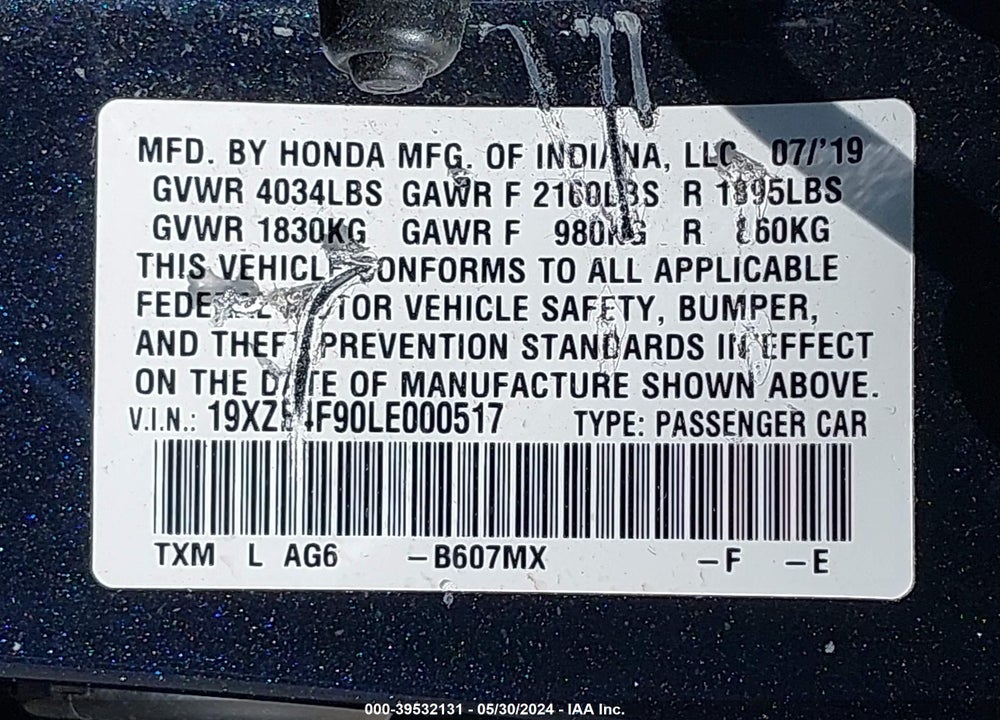 2020 HONDA INSIGHT TOURING VIN: 19XZE4F90LE000517