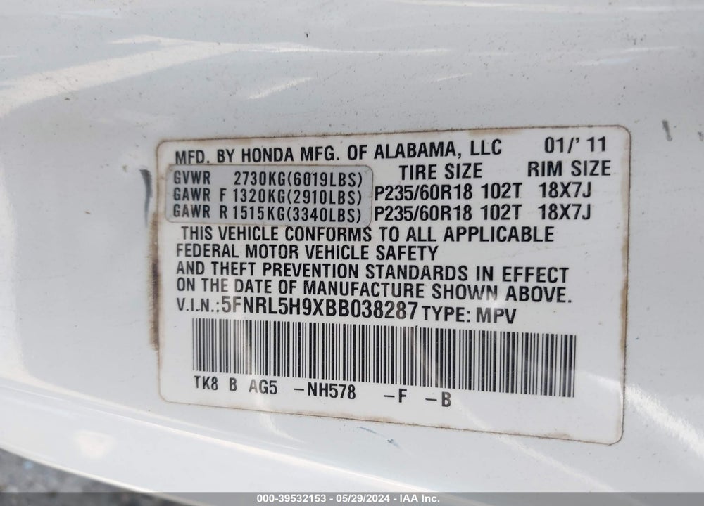 2011 HONDA ODYSSEY TOURING/TOURING ELITE VIN: 5FNRL5H9XBB038287