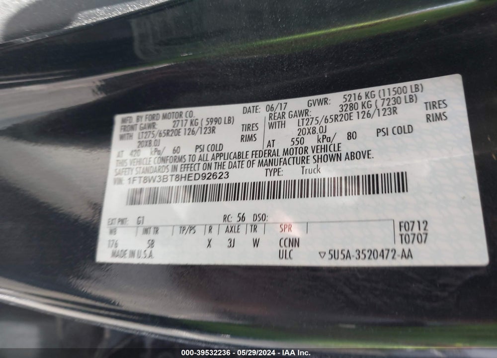 2017 FORD F 350 VIN: 1FT8W3BT8HED92623