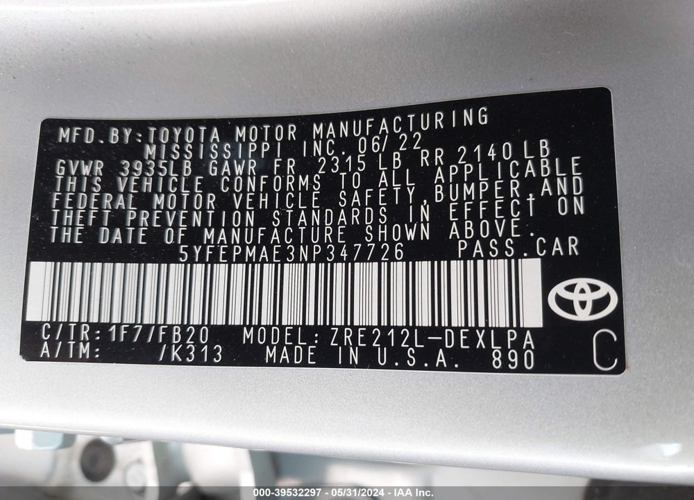2022 TOYOTA COROLLA LE VIN: 5YFEPMAE3NP347726